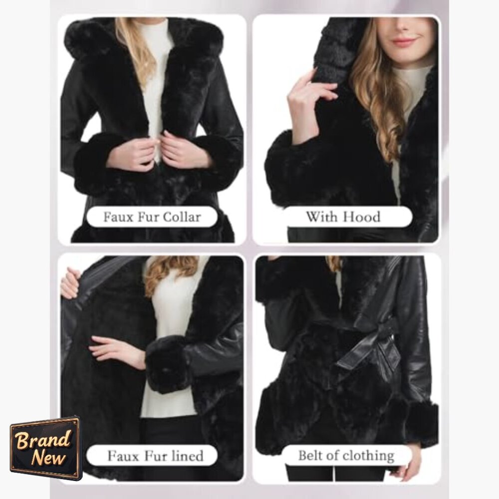 Faux Leather Coat with Faux Fur Collar, Belted Mid Length Winter Jacket - Picture 4 of 6